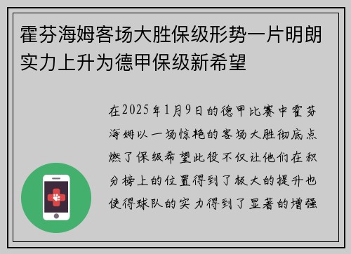 霍芬海姆客场大胜保级形势一片明朗实力上升为德甲保级新希望